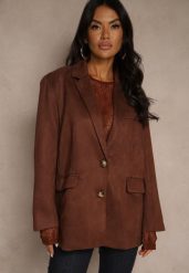 Brązowa Oversizowa Marynarka w Stylu Retro Zenorela. Brązowe marynarki i żakiety Renee, l, z aplikacjami, z jeansu, eleganckie, bez ramiączek. Za 249.99 zł.