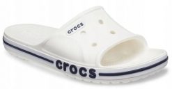 Klapki Dla Dorosłych Crocs Bayaband Slide. Białe klapki Crocs, bez wzorów, z materiału, bez obcasa, bez zapięcia. Za 119.99 zł.