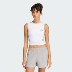 Koszulka adi365 Iconic Running Crop Tank. Białe bielizna termoaktywna damska adidas, bez wzorów, bez ramiączek, do biegania. Za 129.00 zł.