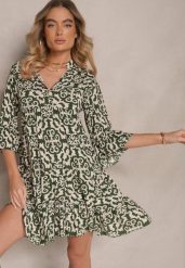 Zielona Sukienka Bawełniana o Rozkloszowanym Kroju w Etniczny Print Zalivine. Zielone sukienki Renee, na co dzień, l, z aplikacjami, z bawełny, eleganckie, bez kołnierzyka, bez ramiączek, mini, rozkloszowane. W wyprzedaży za 43.99 zł.