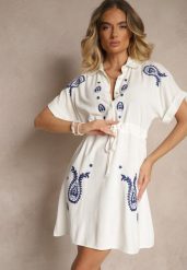 Biała Koszulowa Sukienka z Bawełny Ozdobiona Sznurkiem i Haftami Ronara. Białe sukienki Renee, na co dzień, l, bez wzorów, z bawełny, bez kołnierzyka, bez ramiączek, mini, koszulowe. W wyprzedaży za 107.99 zł.