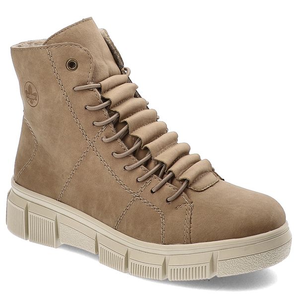 Beżowe Botki Rieker Ocieplane Obuwie Damskie. Brązowe botki Rieker, bez wzorów, z gumy, przed kolano, bez obcasa, bez zapięcia. Za 319.00 zł.