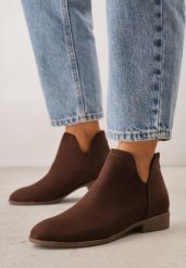 Brązowe Płaskie Botki VICES z Ozdobnymi Wycięciami po Bokach i Suwakiem z Tyłu Isirelin. Brązowe botki Born2be, bez wzorów, z jeansu, biznesowe, bez obcasa, na płaskiej podeszwie, bez zapięcia. Za 99.99 zł.