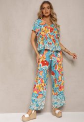 Jasnoniebieski Letni Komplet z Wiskozy w Boho Wzór z Szerokimi Spodniami i Bluzką Wiagia. Niebieskie bluzki Renee, s, bez wzorów, z wiskozy, boho, bez kołnierzyka, bez ramiączek. W wyprzedaży za 67.99 zł.