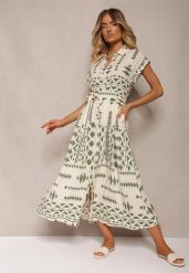 Beżowo-Zielona Taliowana Sukienka z Wiskozy z Materiałowym Paskiem w Talii Nasiona. Brązowe sukienki Renee, do pracy, s, z aplikacjami, z materiału, biznesowe, bez kołnierzyka, bez ramiączek, maxi, kopertowe. Za 59.99 zł.