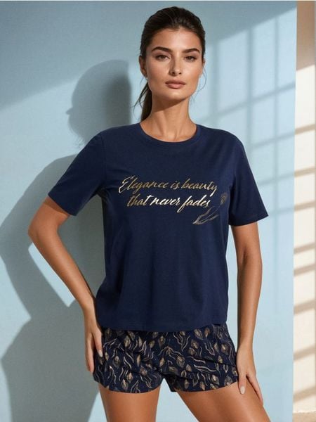 Piżama dwuczęściowa ze wzorem - granatowy. Niebieskie piżamy Sinsay, l, bez wzorów, bez kołnierzyka, bez ramiączek. Za 39.99 zł.