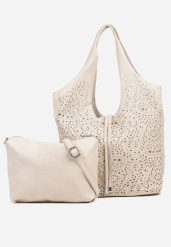 Beżowa Torebka Shopper z Ażurowym Wzorem i Dodatkową Saszetką Merabella. Brązowe nerki i saszetki Renee, w ażurowe wzory, biznesowe, bez dodatków. Za 119.99 zł.