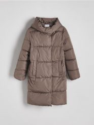Pikowana kurtka z kapturem - brązowy. Brązowe kurtki Reserved, l, bez wzorów, z tkaniny, z kapturem. Za 139.99 zł.