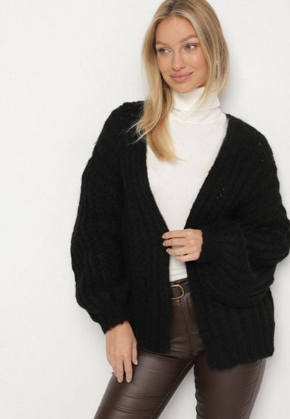 Czarny Niezapinany Kardigan Oversize z Domieszką Wełny i Wiskozy Tianavia. Czarne swetry Born2be, bez wzorów, z jeansu, bez ramiączek. Za 169.99 zł.
