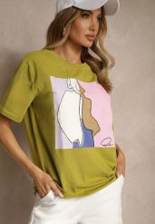 Zielony Bawełniany T-shirt z Geometrycznym Nadrukiem Mepressa. Zielone t-shirty Renee, s, bez wzorów, z bawełny, eleganckie, bez kołnierzyka, bez ramiączek. W wyprzedaży za 23.99 zł.
