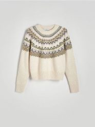 Wzorzysty sweter z metalizowaną nitką - wielobarwny. Swetry Reserved, l, bez wzorów, z dzianiny, bez ramiączek. W wyprzedaży za 49.99 zł.