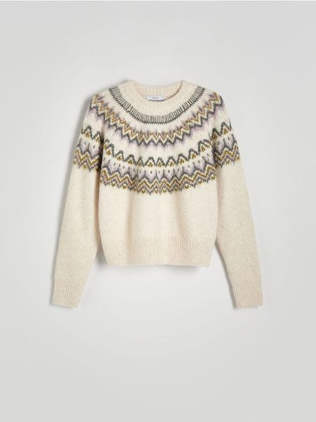 Wzorzysty sweter z metalizowaną nitką - wielobarwny. Swetry Reserved, l, bez wzorów, z dzianiny, bez ramiączek. W wyprzedaży za 49.99 zł.