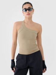 4F Crop-top slim z asymetrycznym ramiączkiem damski - beżowy XS. Brązowe topy 4f, xs, bez wzorów, z dzianiny, sportowe, z asymetrycznym kołnierzem, bez ramiączek. W wyprzedaży za 39.99 zł.
