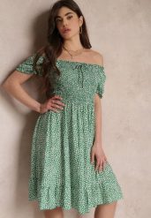 Zielona Sukienka Midi o Fasonie Bawełnianej Hiszpanki Nairo. Zielone sukienki Renee, na spotkanie biznesowe, m, bez wzorów, z bawełny, eleganckie, bez kołnierzyka, bez ramiączek, midi. W wyprzedaży za 39.99 zł.