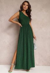 Zielona Brokatowa Sukienka Maxi z Asymetryczną Górą i Rozkloszowanym Dołem Eulita. Zielone sukienki Renee, na imprezę, l, bez wzorów, eleganckie, z asymetrycznym kołnierzem, bez ramiączek, maxi, asymetryczne. W wyprzedaży za 159.99 zł.