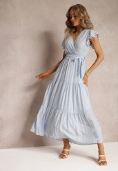 Jasnoniebieska Sukienka Tantysus. Niebieskie sukienki Renee, na co dzień, l, bez wzorów, z materiału, bez kołnierzyka, bez ramiączek, maxi, kopertowe. W wyprzedaży za 91.99 zł.