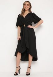 Czarna Rozkloszowana Sukienka Kopertowa z Gumką w Talii i Ozdobnym Paskiem Vasena. Czarne sukienki Born2be, l, bez wzorów, eleganckie, bez kołnierzyka, bez ramiączek, midi, kopertowe. W wyprzedaży za 55.99 zł.
