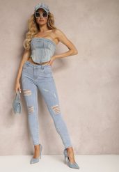 Jasnoniebieskie Casualowe Jeansy Skinny High Waist Ozdobione Przetarciami na Nogawkach Cannesi. Niebieskie jeansy Renee, na lato, l, bez wzorów, z jeansu, z podwyższonym stanem. W wyprzedaży za 55.99 zł.