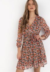 Czarno-Czerwona Sukienka Asootis. Czarne sukienki Born2be, l, bez wzorów, z materiału, bez kołnierzyka, bez ramiączek, mini, kopertowe. Za 159.99 zł.