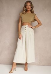 Beżowe Spodnie Culottes High Waist z Bawełny Zdobione Guzikami Izuma. Brązowe jeansy Renee, z aplikacjami, z bawełny, eleganckie, z podwyższonym stanem. W wyprzedaży za 75.99 zł.