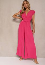 Fuksjowy Kopertowy Kombinezon Wide Leg Zdobiony Plisami i Paskiem z Klamrą Salirella. Czerwone sukienki Renee, na co dzień, l, z aplikacjami, eleganckie, bez kołnierzyka, bez ramiączek, kopertowe. W wyprzedaży za 91.99 zł.