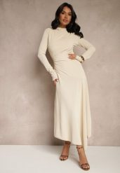 Beżowa Asymetryczna Sukienka Koktajlowa z Ozdobnymi Guzikami Dralriti. Brązowe sukienki Renee, m, bez wzorów, eleganckie, z asymetrycznym kołnierzem, bez ramiączek, maxi, asymetryczne. W wyprzedaży za 151.99 zł.