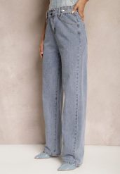 Jasnoniebieskie Szerokie Jeansy z Wysoką Ozdobną Talią Florati. Niebieskie jeansy Renee, xs, bez wzorów, z jeansu, retro. W wyprzedaży za 83.99 zł.