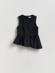 Bluzka z baskinką - czarny. Czarne bluzki Reserved, l, bez wzorów, z bawełny, bez kołnierzyka, bez ramiączek. W wyprzedaży za 55.99 zł.