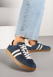 Granatowe Sneakersy Tenisówki Ozdobione Paskami Nilavara. Niebieskie trampki Renee, bez wzorów, z jeansu, eleganckie, bez zapięcia. W wyprzedaży za 151.99 zł.