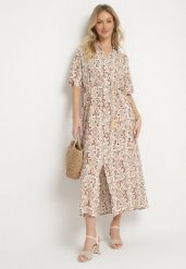 Ciemnobeżowa Sukienka z Wiskozy o Pudełkowym Kroju w Ornamentalny Wzór Ridisa. Brązowe sukienki Born2be, na co dzień, l, bez wzorów, z wiskozy, eleganckie, bez kołnierzyka, bez ramiączek, maxi, kopertowe. Za 99.99 zł.