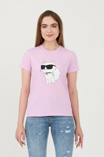 KARL LAGERFELD Lawendowy damski t-shirt Ikonik 2.0 Choupette, Rozmiar XS. Fioletowe t-shirty KARL LAGERFELD, xs, bez wzorów, bez kołnierzyka, bez ramiączek. W wyprzedaży za 259.99 zł.
