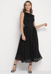 Czarna Koronkowa Sukienka o Rozkloszowanym Kroju z Odkrytymi Plecami Nelamia. Czarne sukienki Born2be, na co dzień, m, bez wzorów, z jeansu, eleganckie, bez kołnierzyka, bez ramiączek, maxi, rozkloszowane. W wyprzedaży za 127.49 zł.