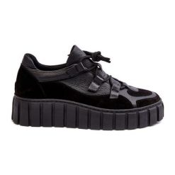 Damskie Skórzane Buty Sportowe Na Platformie M01/1 Zazoo Czarne. Czarne buty treningowe bez wzorów, z gumy, bez zapięcia. Za 508.41 zł.