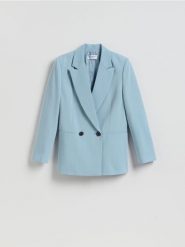 Dwurzędowa marynarka - jasnoniebieski. Niebieskie marynarki i żakiety Reserved, l, bez wzorów, z tkaniny, bez ramiączek. Za 229.99 zł.