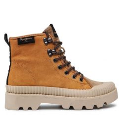 Trzewiki Pepe Jeans. Brązowe botki Pepe Jeans, bez wzorów, z jeansu, bez obcasa, na płaskiej podeszwie, bez zapięcia. Za 339.99 zł.