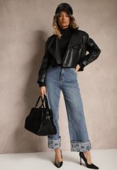 Niebieskie Jeansy High Waist z Szerokimi Nogawkami Ozdobnie Wywiniętymi z Paskiem Loroma. Niebieskie jeansy Renee, s, bez wzorów, z bawełny, eleganckie, z podwyższonym stanem. W wyprzedaży za 119.99 zł.