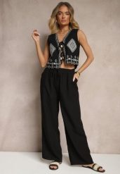 Czarne Spodnie o Szerokim Kroju High Waist Edilisea. Czarne jeansy Renee, l, bez wzorów, z jeansu, biznesowe, z podwyższonym stanem. W wyprzedaży za 29.99 zł.
