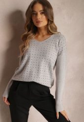 Szary Sweter z Trójkątnym Dekoltem i Cyrkoniami Desiress. Szare swetry Renee, s, z aplikacjami, z dzianiny, casualowe, bez ramiączek. W wyprzedaży za 71.99 zł.