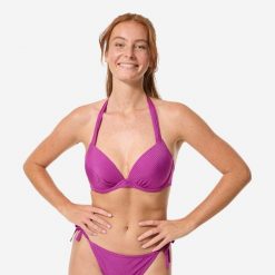 Góra kostiumu kąpielowego damska Decathlon Elena Folk. Fioletowe bikini Decathlon, bez wzorów, z elastanu, sportowe. Za 89.99 zł.