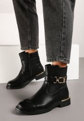 Czarne Płaskie Botki w Stylu Sztybletów z Metaliczną Klamrą Sallithra. Czarne botki Born2be, bez wzorów, eleganckie, bez obcasa, na obcasie, bez zapięcia. W wyprzedaży za 97.49 zł.