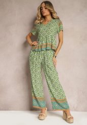 Zielony Komplet z Wiskozy w Stylu Boho Bluzka z Krótkim Rękawem i Spodnie z Gumką w Pasie Valesia. Zielone bluzki Renee, s, bez wzorów, z materiału, boho, bez kołnierzyka, bez ramiączek. W wyprzedaży za 67.99 zł.