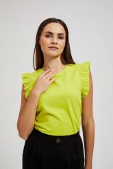 Bluzka z falbaną na ramionach limonkowa. Bluzki MOODO, s, bez wzorów, bez kołnierzyka, bez ramiączek. W wyprzedaży za 24.99 zł.