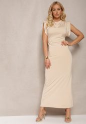 Beżowa Taliowana Sukienka Maxi z Rozcięciami na Dole i Podkreślonymi Ramionami Immuna. Brązowe sukienki Renee, na co dzień, s, bez wzorów, eleganckie, bez kołnierzyka, bez ramiączek, maxi, dopasowane. W wyprzedaży za 69.99 zł.