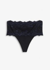 Stringi średnio modelujące z koronką. Czarne stringi bonprix, bez wzorów, z koronki. Za 79.99 zł.