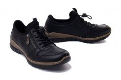 RIEKER N32G0-00 black, półbuty damskie. Niebieskie półbuty wsuwane Rieker, bez wzorów, bez obcasa. Za 369.90 zł.