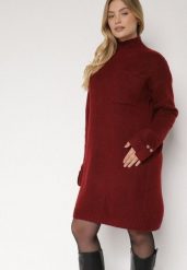 Bordowa Dzianinowa Sukienka z Półgolfem z Domieszką Wełny i Wiskozą Nesara. Czerwone sukienki Born2be, na co dzień, uniwersalny, bez wzorów, z dzianiny, bez kołnierzyka, bez ramiączek, midi. Za 129.99 zł.