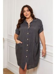 Plus Size Company Lniana sukienka "Claudine" w kolorze antracytowym rozmiar: 38. Czarne sukienki Plus Size Company, plus size, bez wzorów, ze lnu, klasyczne, bez kołnierzyka, plus size, bez ramiączek, mini. Za 127.95 zł.