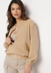 Beżowa Bluza Bomberka z Kieszeniami z Kaplami Bervialia. Brązowe bluzy Born2be, plus size, bez wzorów, bez kaptura. W wyprzedaży za 67.99 zł.