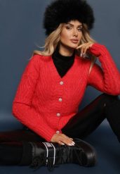 Czerwony Rozpinany Kardigan z Guzikami Tormella. Czerwone swetry Renee, m, bez wzorów, z jeansu, eleganckie, bez ramiączek. W wyprzedaży za 66.49 zł.