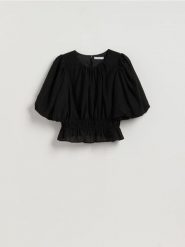 Bluzka z bufkami - czarny. Czarne bluzki Reserved, l, bez wzorów, z tkaniny, bez kołnierzyka, bez ramiączek. Za 129.99 zł.